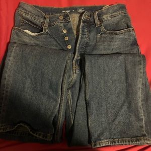 Dark colored jeans old navy VERY high wasted.